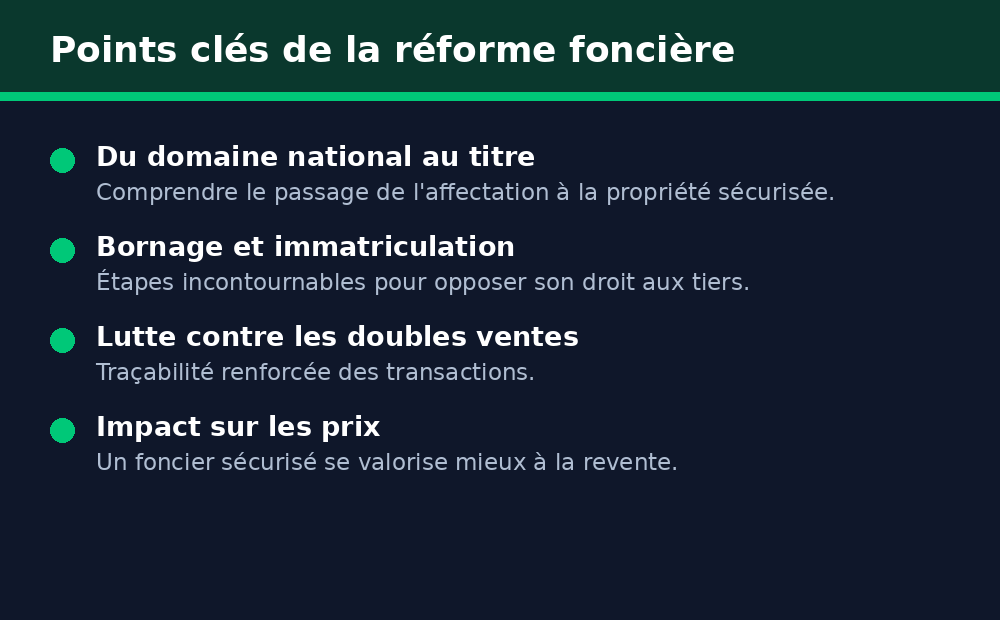 Points clés de la réforme foncière au Sénégal : titres, bornage, immatriculation