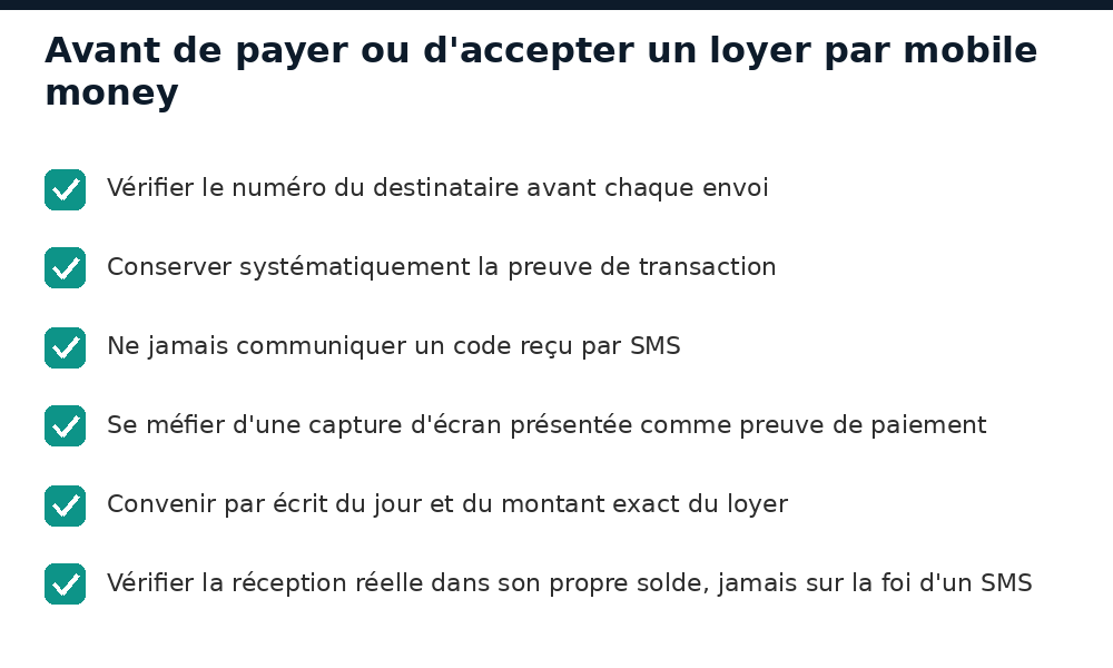 Checklist avant de payer ou d'accepter un loyer par mobile money au Sénégal