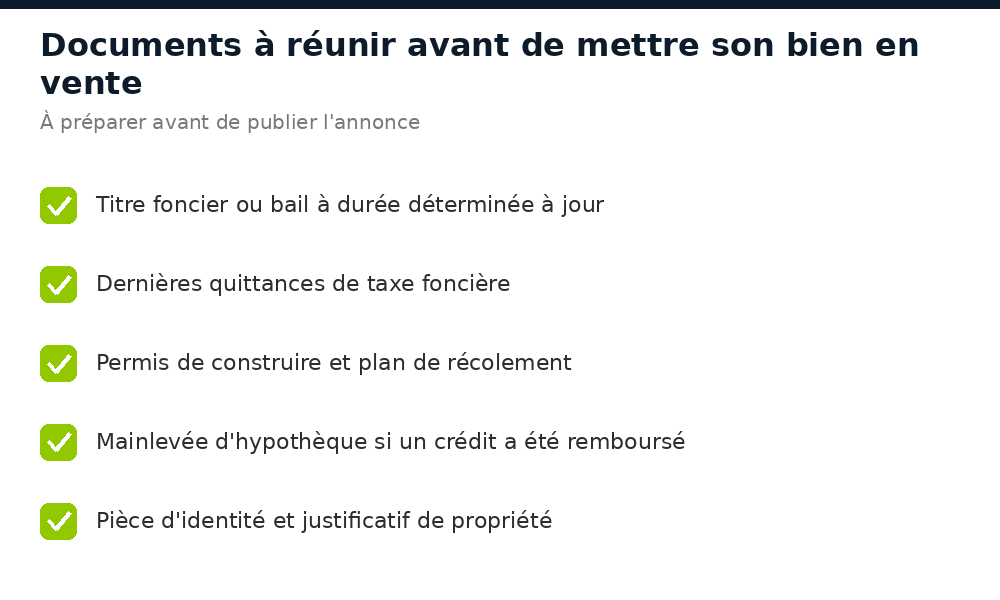Checklist des documents à réunir avant de mettre en vente un bien immobilier au Sénégal : titre foncier, quittances, permis de construire